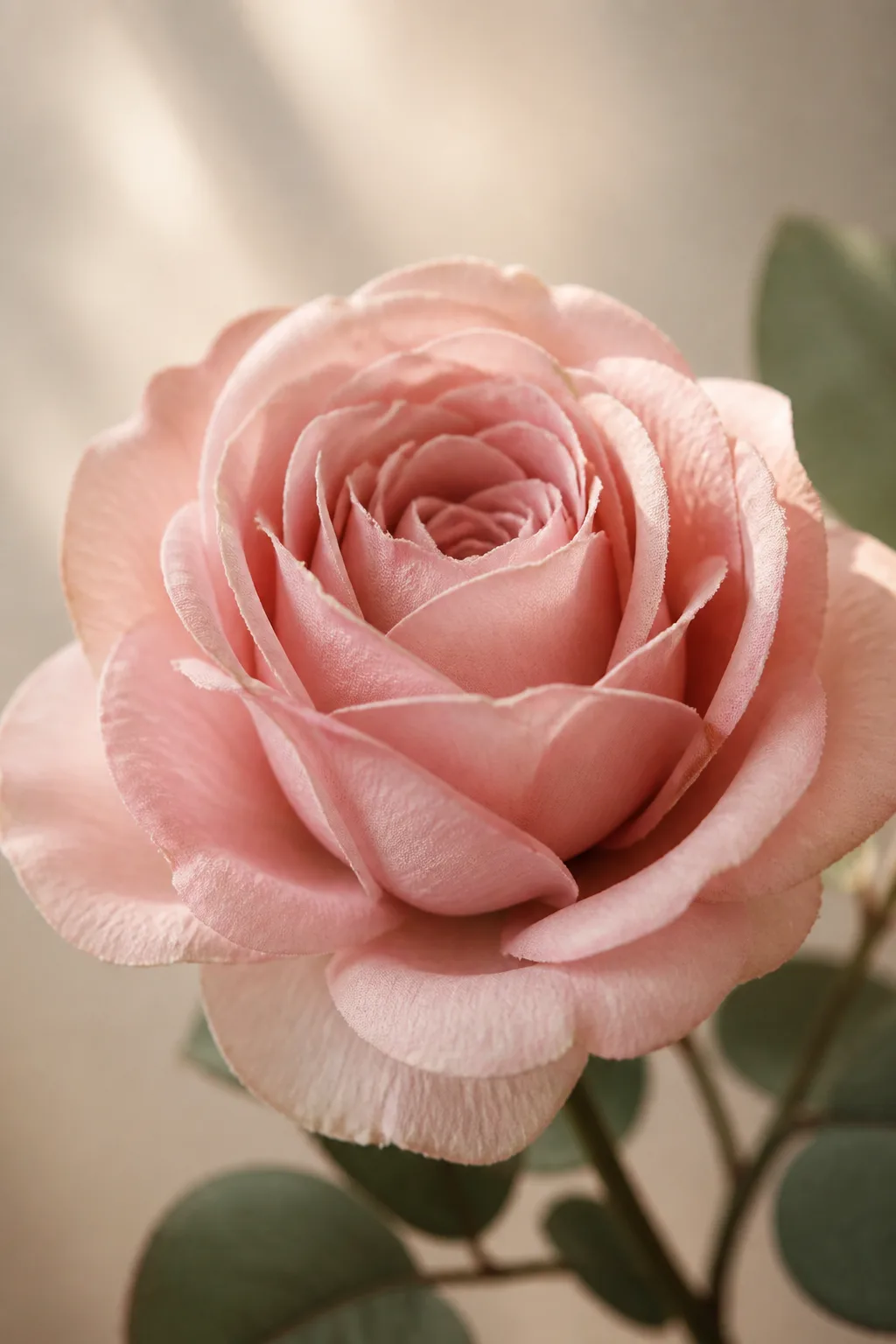 Gros plan d’une rose artificielle rose poudré aux pétales texturés
