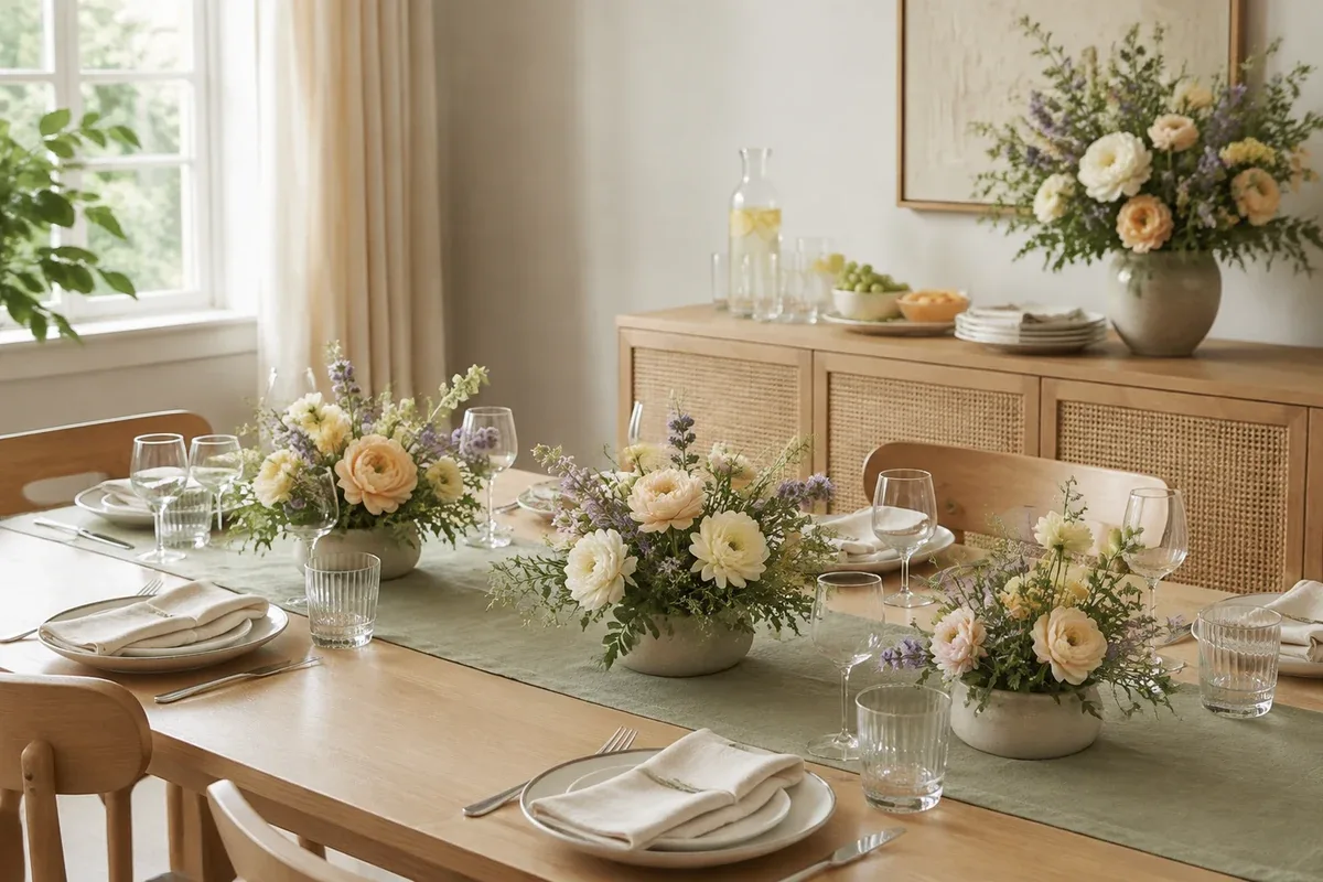 Centre de table bas et buffet décorés de fleurs artificielles pour une baby shower