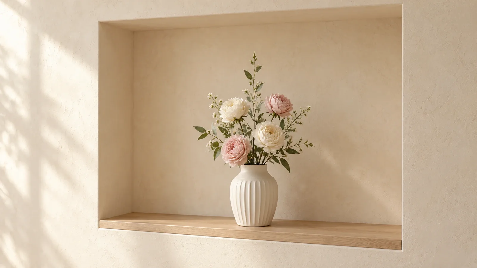 Composition légère de fleurs artificielles ivoire et rose poudré dans un vase blanc posé sur la tablette en bois d’une niche murale aux contours dégagés.