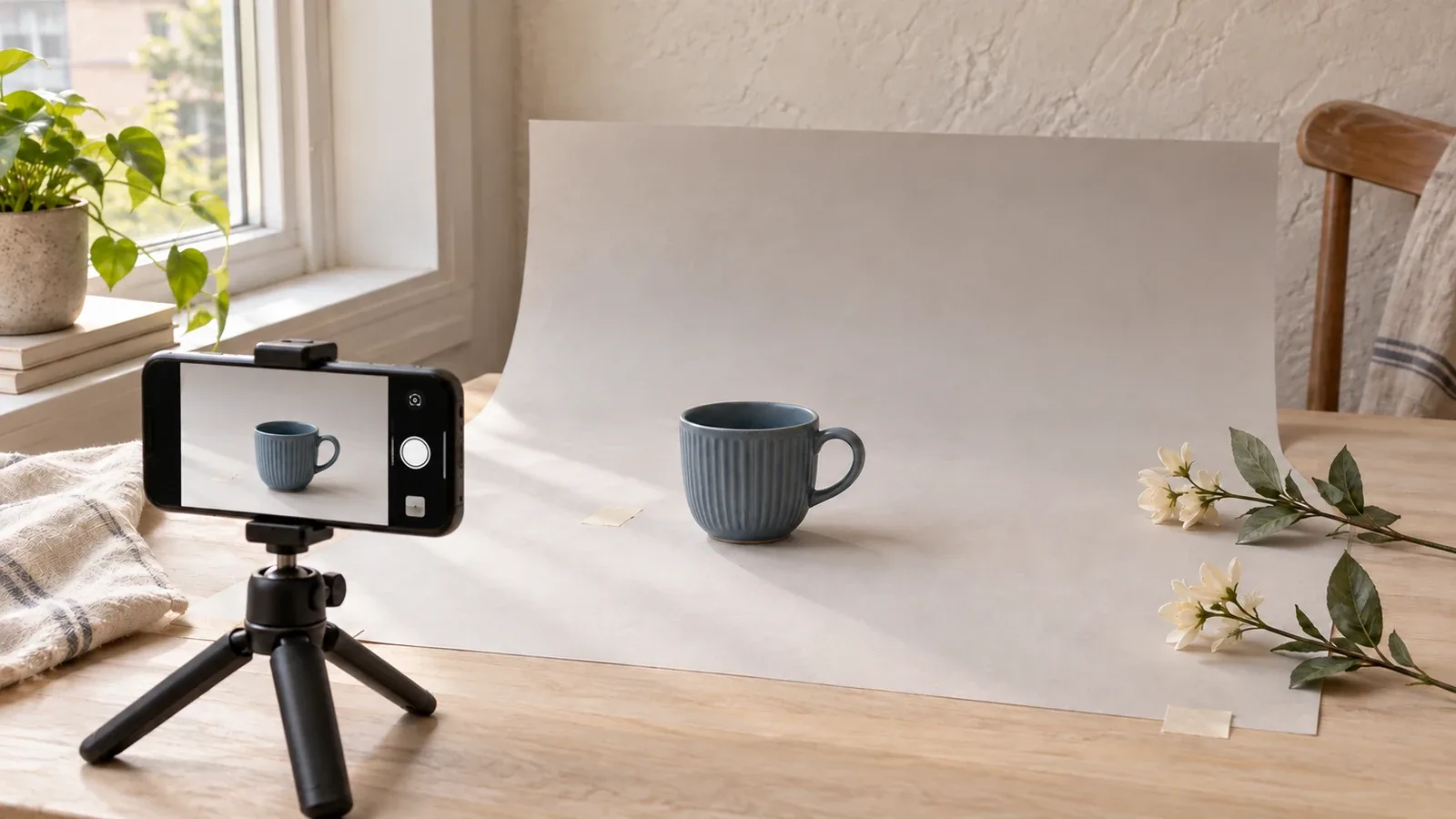 Tasse en céramique bleue photographiée au smartphone sur trépied près d’une fenêtre, avec fleurs artificielles en bordure, fond mat et repères adhésifs.