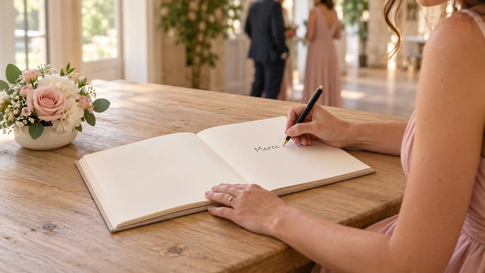 Une invitée écrit dans un livre d’or ouvert à une réception de mariage, l’avant-bras posé sur une surface libre et un petit bouquet artificiel rose et ivoire sur le côté.