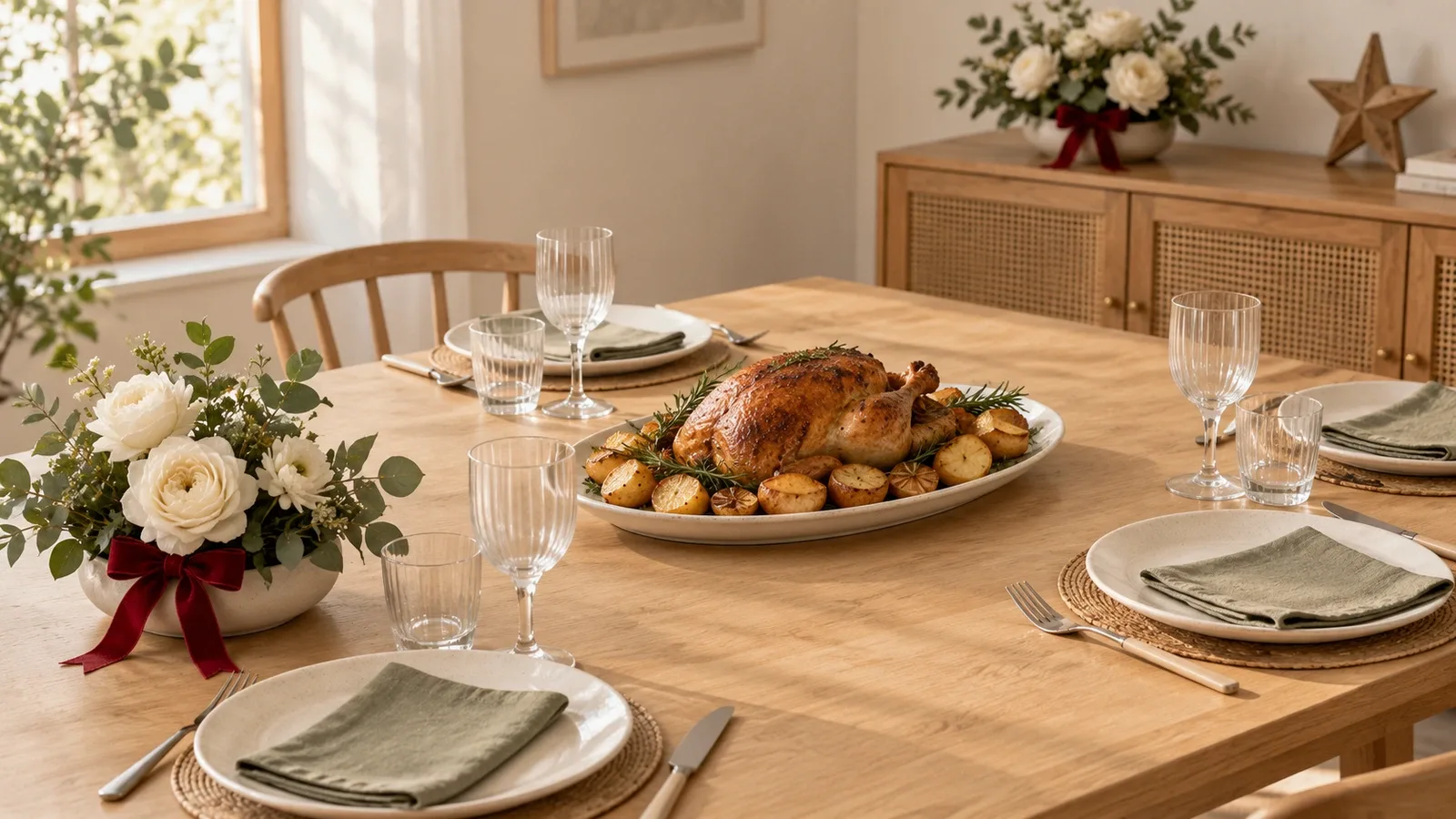 Table de Noël dressée pour quatre, avec un plat partagé au centre, des fleurs artificielles ivoire et vertes au ruban rouge à une extrémité, et un second arrangement sur le buffet voisin.