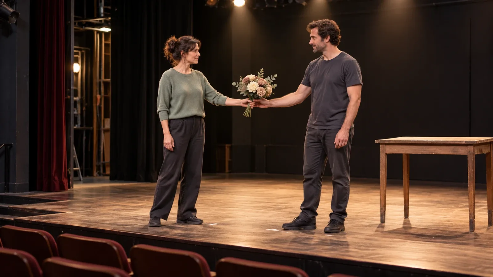 Deux comédiens se transmettent un bouquet de fleurs artificielles sur le plateau d’un petit théâtre, près d’une table de pose libre, devant des sièges vides.